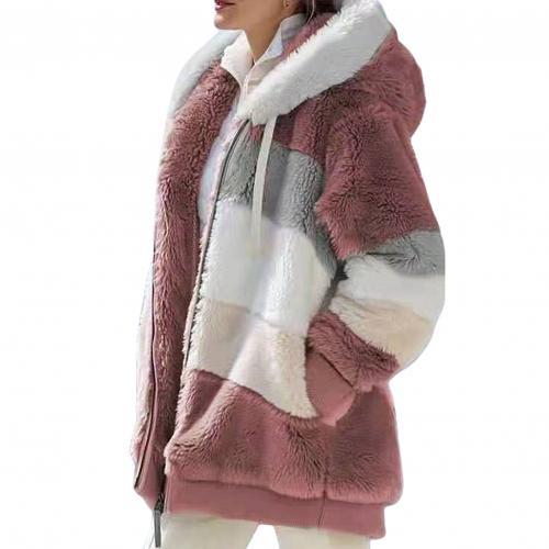 Plus Size Women Long Sleeve Color Block Zipper Fluff Hooded Warm Coat Jacket
