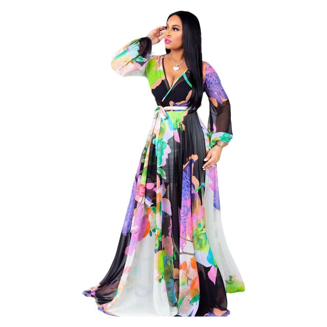 Long Sleeve Cross V-Neck Maxi Dress Bohemia Dress Full Plus Size Dress