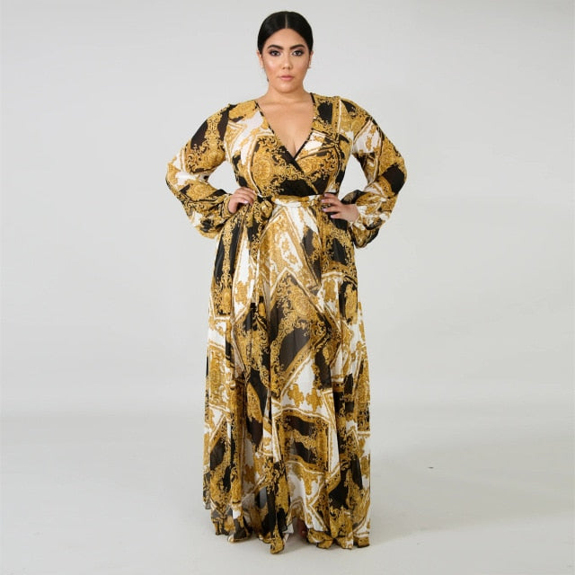 Long Sleeve Cross V-Neck Maxi Dress Bohemia Dress Full Plus Size Dress