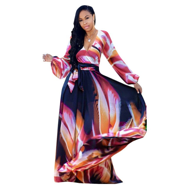 Long Sleeve Cross V-Neck Maxi Dress Bohemia Dress Full Plus Size Dress
