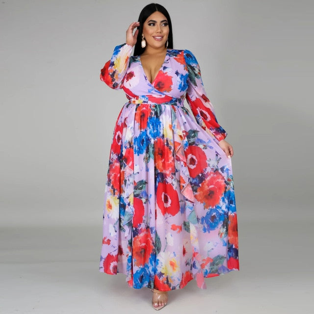 Long Sleeve Cross V-Neck Maxi Dress Bohemia Dress Full Plus Size Dress