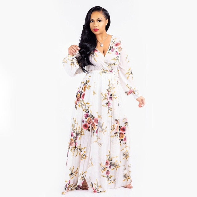 Long Sleeve Cross V-Neck Maxi Dress Bohemia Dress Full Plus Size Dress