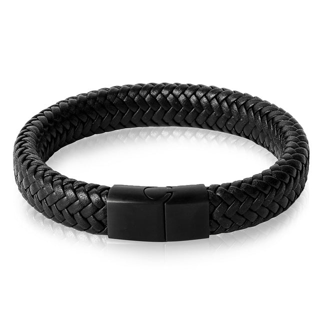 Black/Brown Braided Leather Bracelet Stainless Steel Magnetic Clasp Fashion Bangles