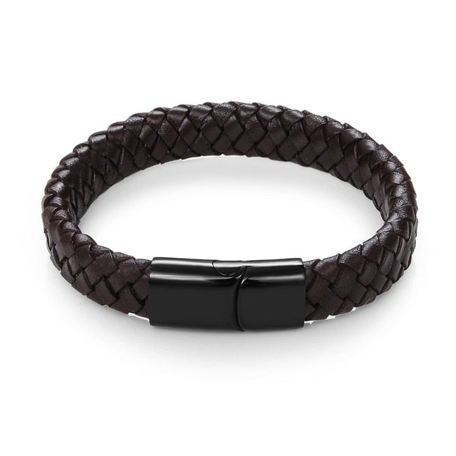 Black/Brown Braided Leather Bracelet Stainless Steel Magnetic Clasp Fashion Bangles