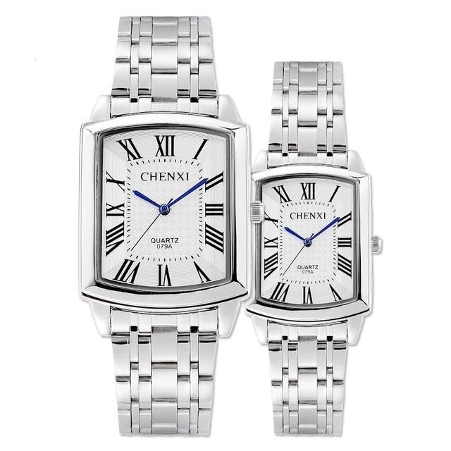 Silver Square Roman Numeral Stainless Steel Waterproof women men lovers watch