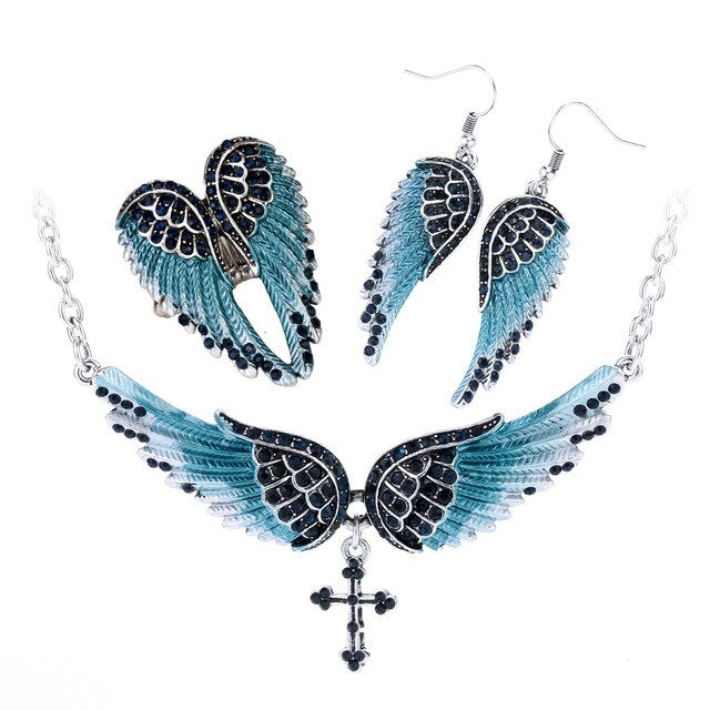 Angel Wing Cross Necklace Earrings Ring Sets Women