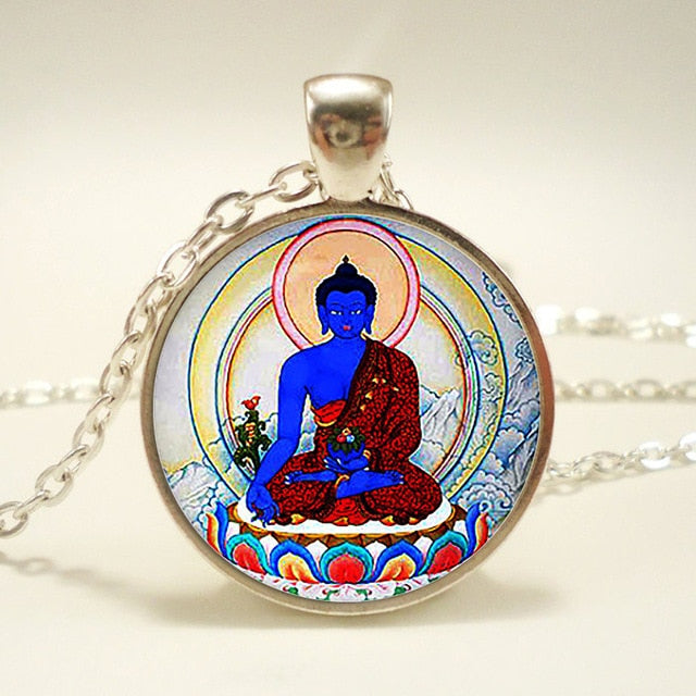 Glass Cabochon Buddhism Indian Chakra Symbols Sign Necklace  Pendant