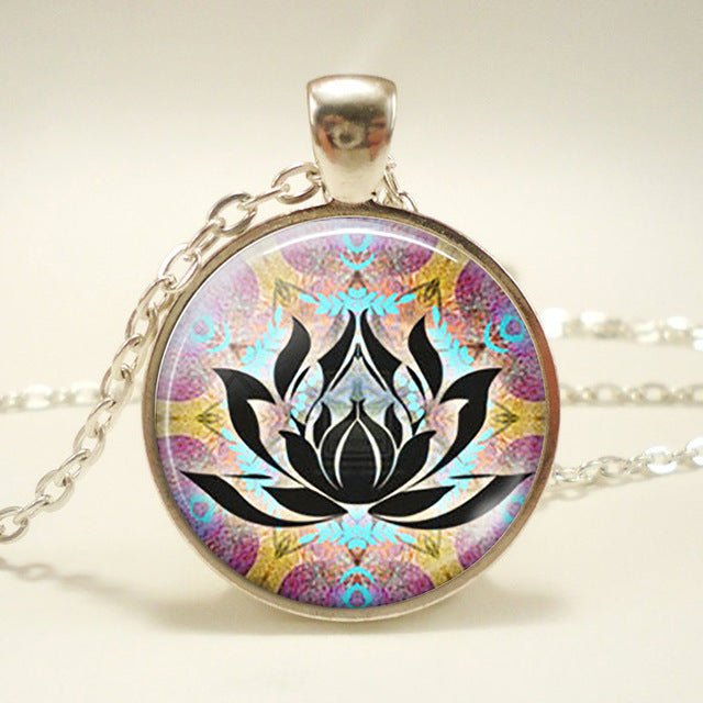 Glass Cabochon Buddhism Indian Chakra Symbols Sign Necklace  Pendant