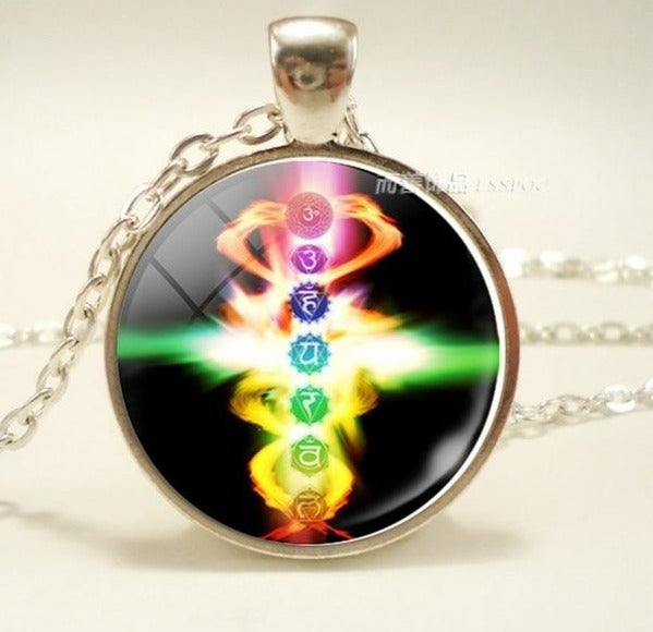 Glass Cabochon Buddhism Indian Chakra Symbols Sign Necklace Pendant