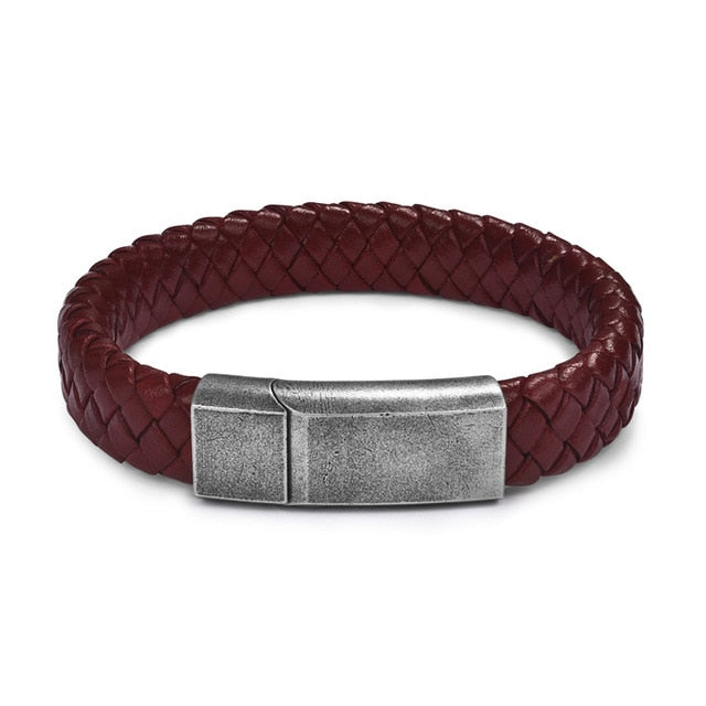 Black/Brown Braided Leather Bracelet Stainless Steel Magnetic Clasp Fashion Bangles