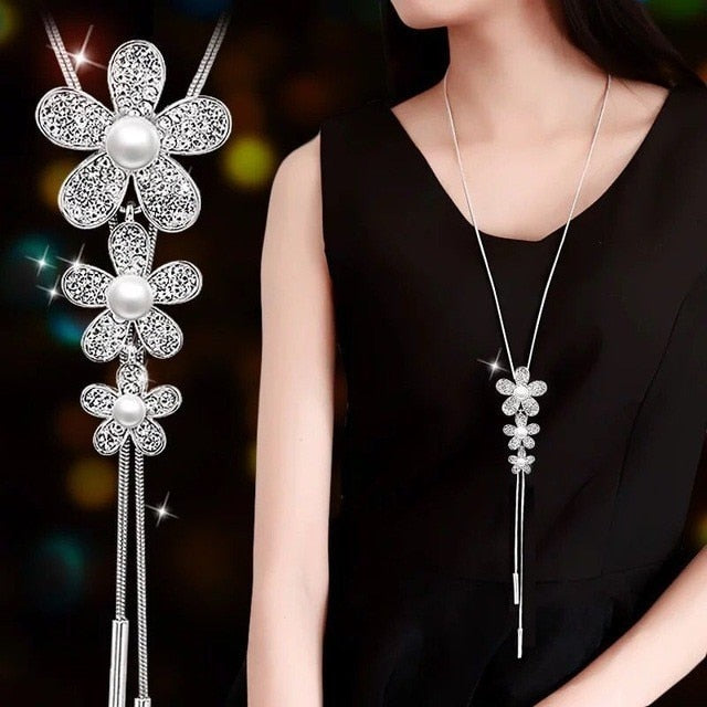 Simulated Pearl Women Silver Crystal Flower Long Necklace & Pendant