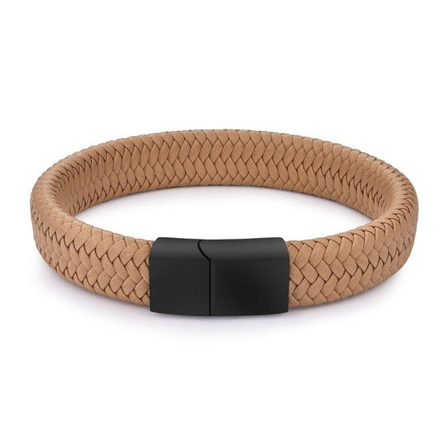 Black/Brown Braided Leather Bracelet Stainless Steel Magnetic Clasp Fashion Bangles