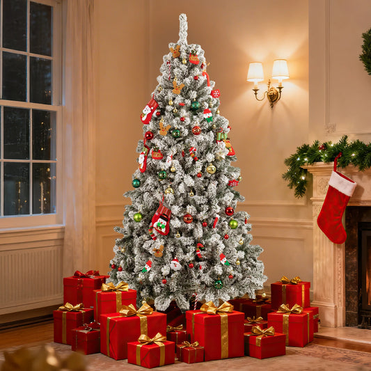 Artificial Flocked Christmas Tree with 800 Branch Tips, Snow Covered Full Xmas Tree