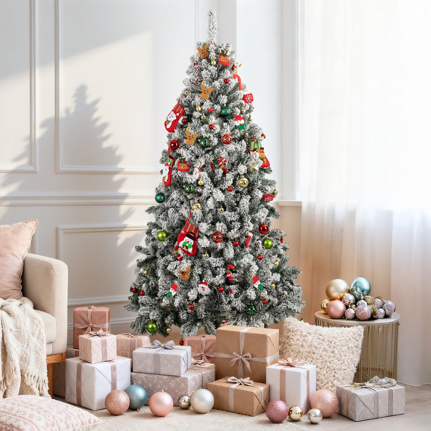 Artificial Flocked Christmas Tree with 800 Branch Tips, Snow Covered Full Xmas Tree