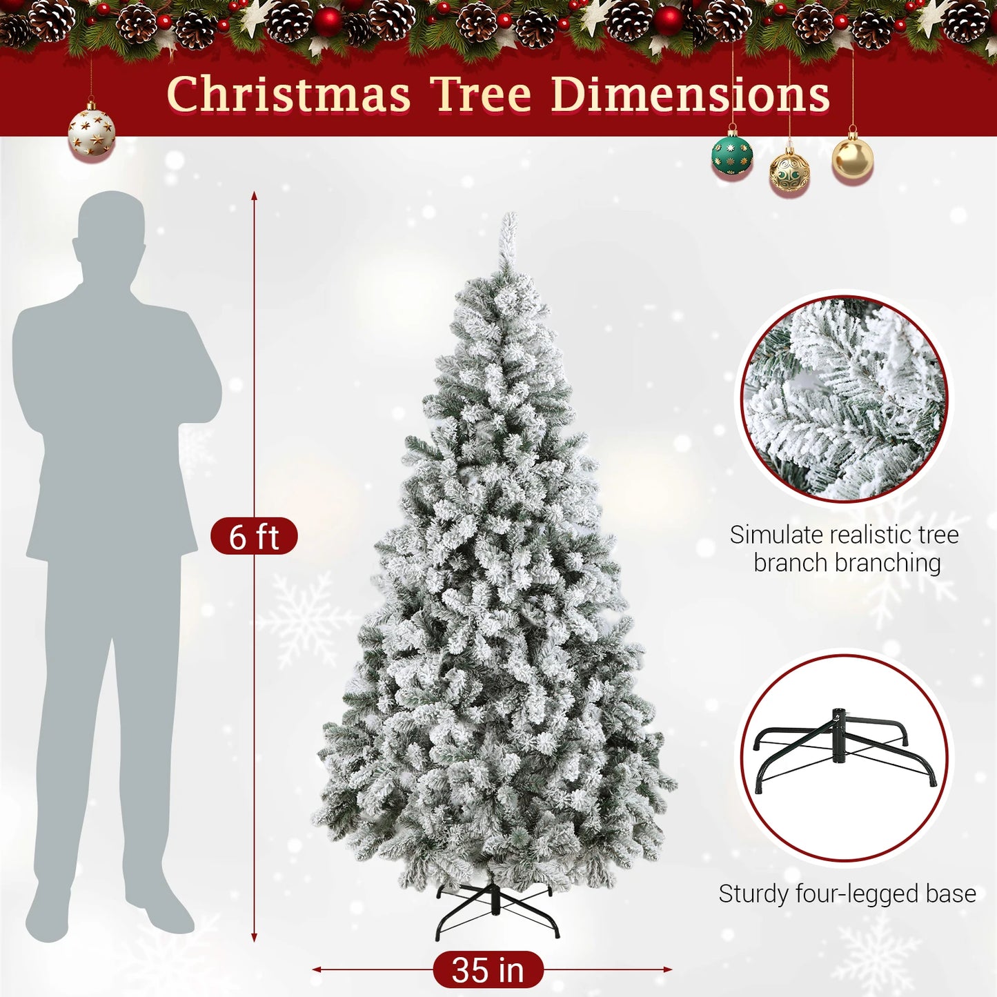 Artificial Flocked Christmas Tree with 800 Branch Tips, Snow Covered Full Xmas Tree
