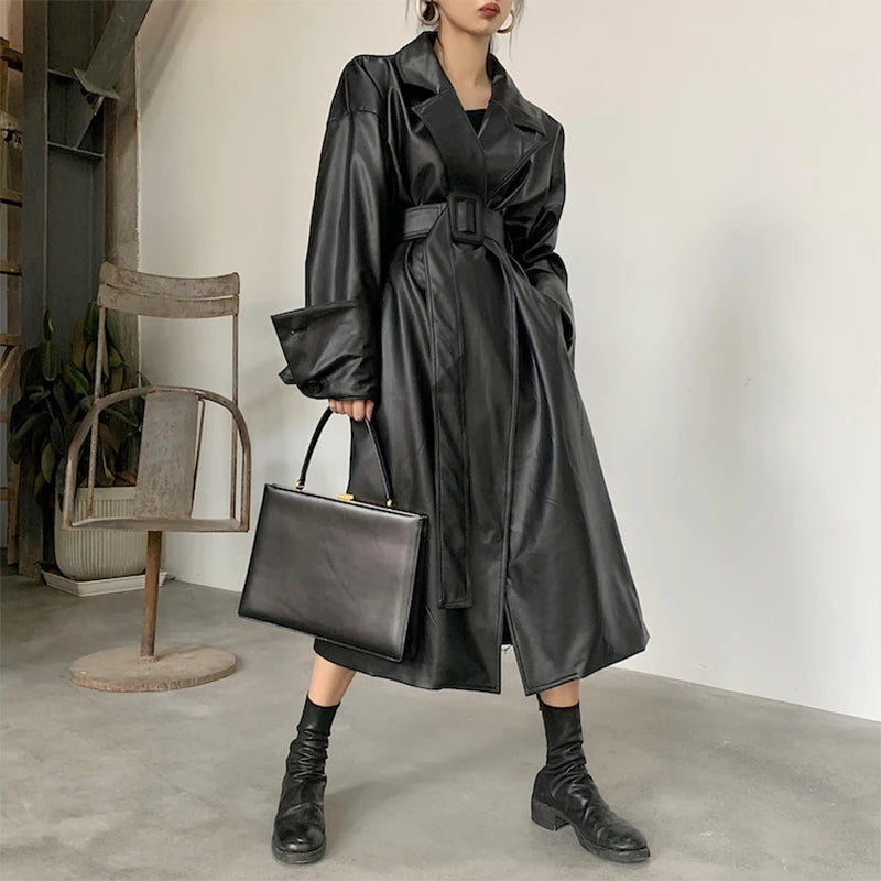 Long oversized leather trench coat  long sleeve lapel loose fit Fall Stylish black