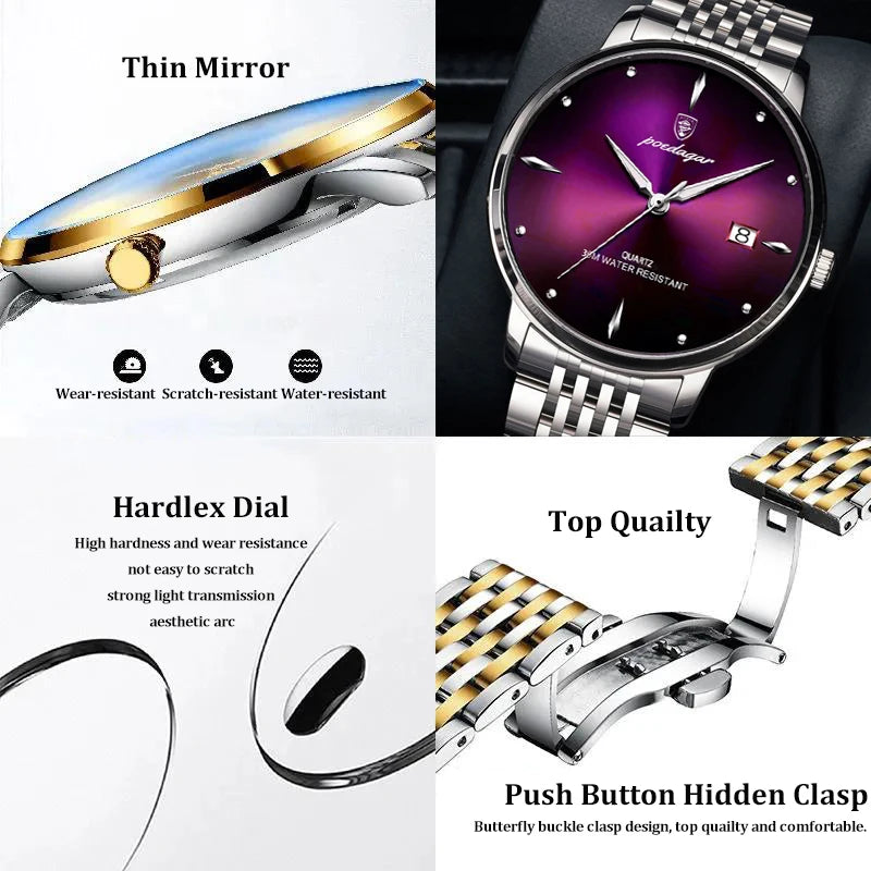 POEDAGAR Top Brand Luxury Men Watch Waterproof Luminous Stainless Steel Watch