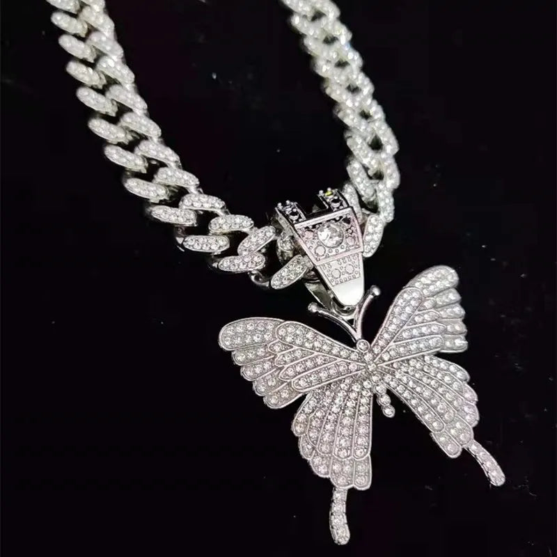 Hip Hop Iced Out Bling butterfly Pendant Necklace Fashion Charm Jewelry