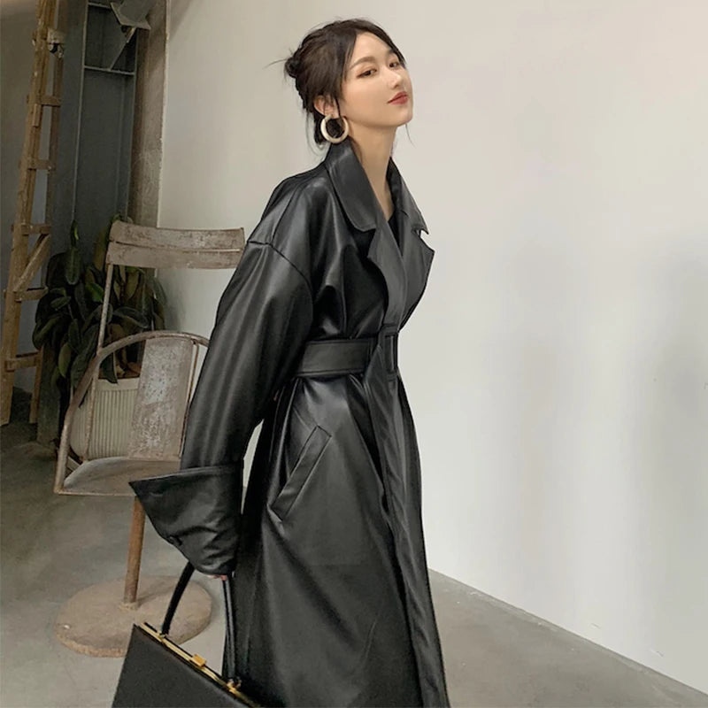 Long oversized leather trench coat  long sleeve lapel loose fit Fall Stylish black