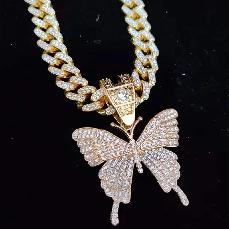 Hip Hop Iced Out Bling butterfly Pendant Necklace Fashion Charm Jewelry