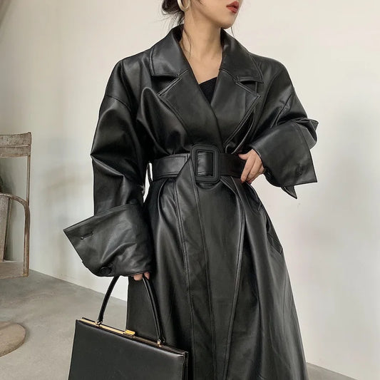 Long oversized leather trench coat  long sleeve lapel loose fit Fall Stylish black