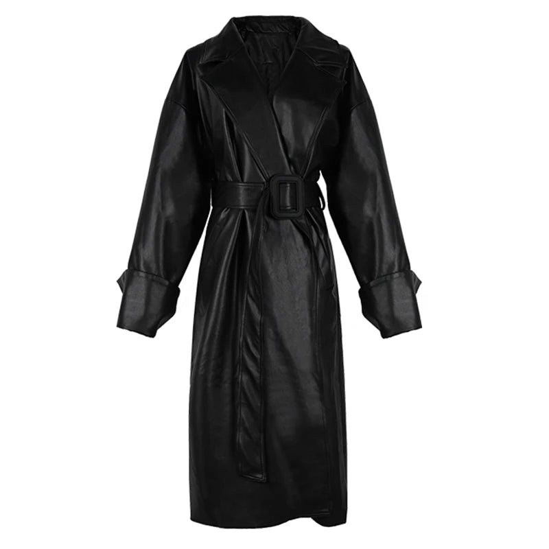 Long oversized leather trench coat  long sleeve lapel loose fit Fall Stylish black