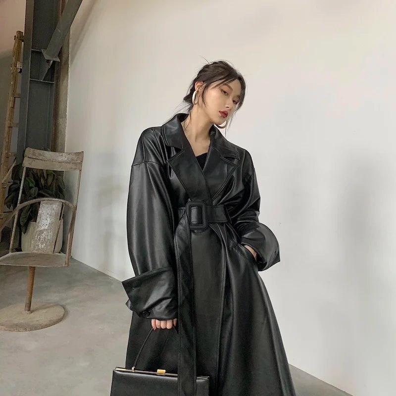 Long oversized leather trench coat  long sleeve lapel loose fit Fall Stylish black