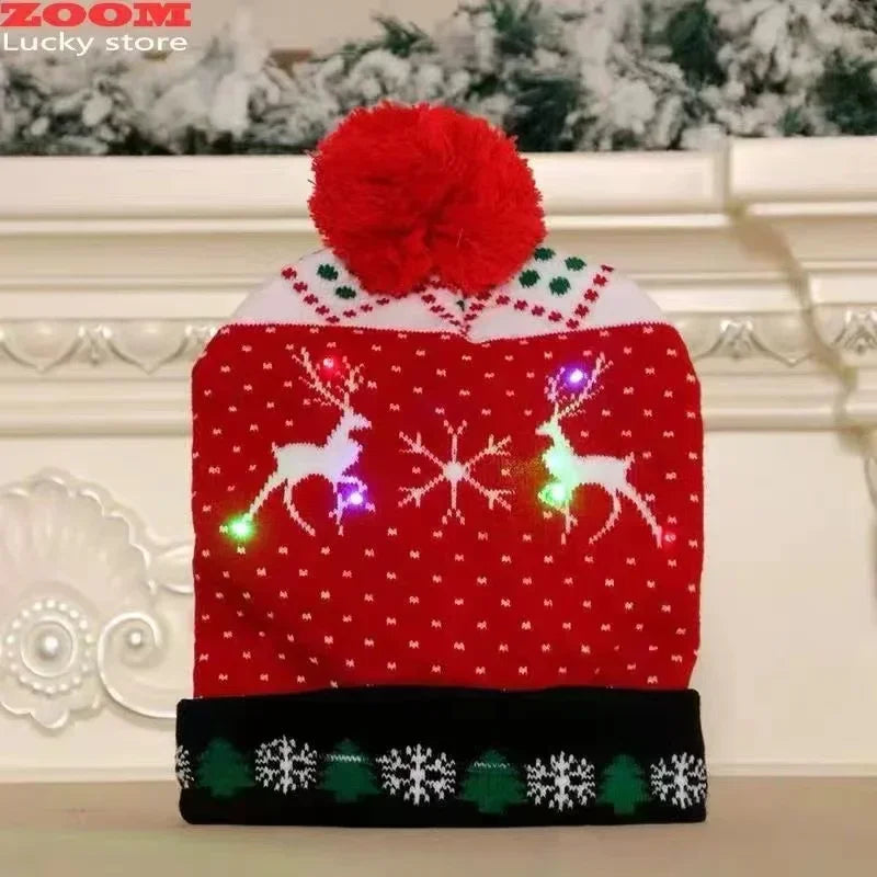 LED Christmas Knitted Hat Light Up Xmas Beanie Cap Unisex Winter Beanie