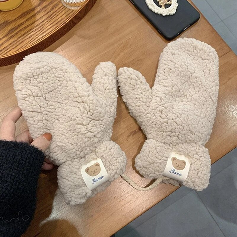 Plush Warm Gloves Soft Winter Thick Fingerless  Bear Gloves With Ropes