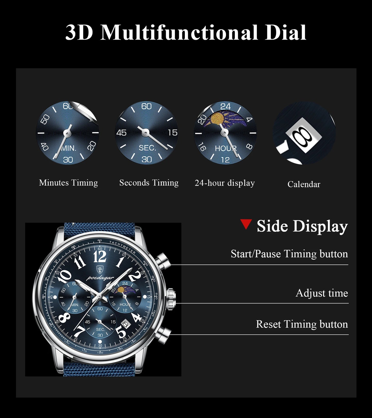 POEDAGAR Luxury  Waterproof Luminous Chronograph Nylon Leather  Wristwatch