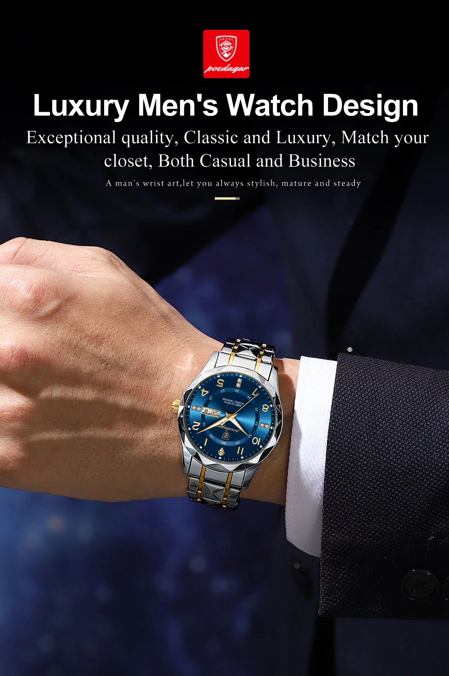 POEDAGAR Luxury Men Quartz Watch Waterproof Date Week Luminous Wristwatch