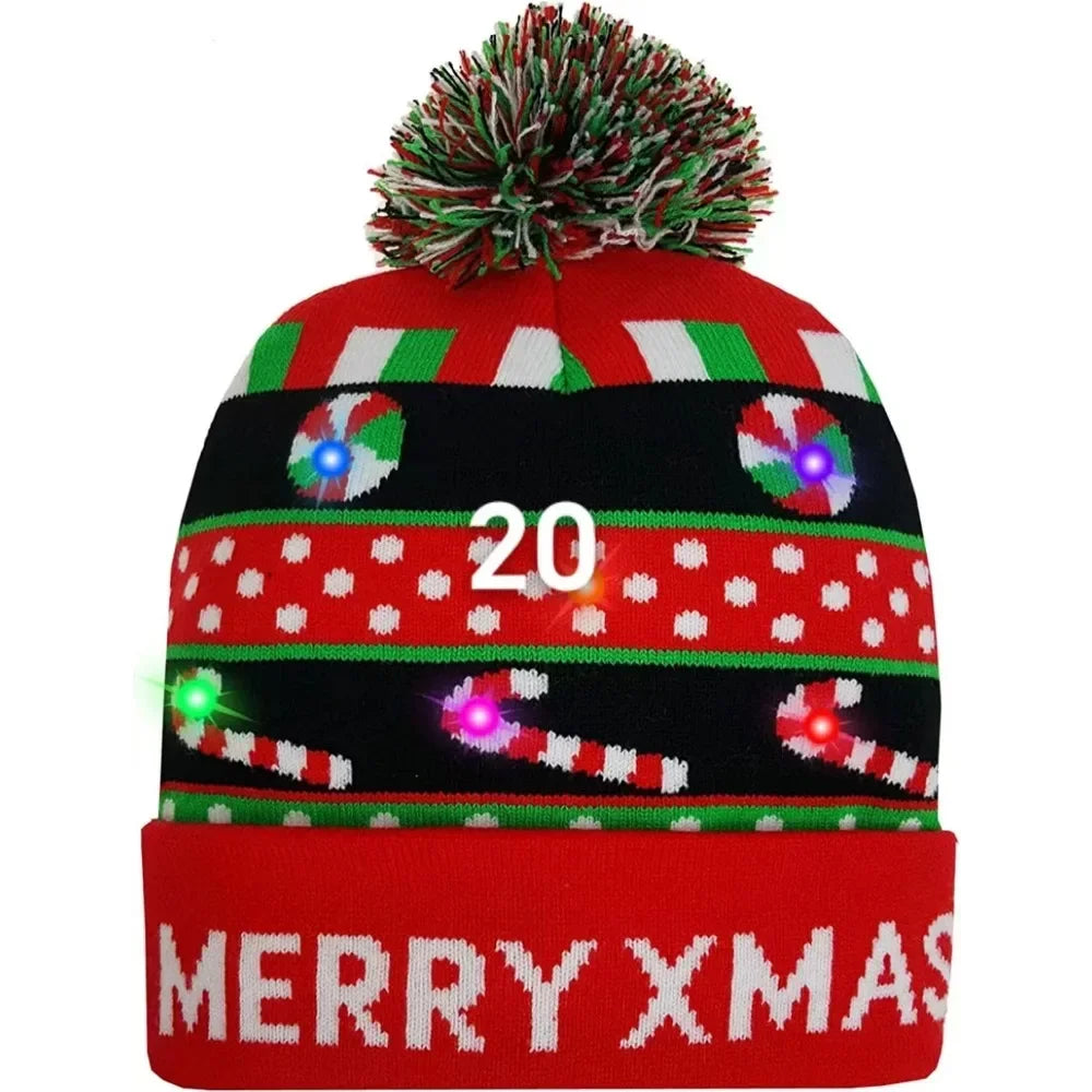 LED Christmas Knitted Hat Light Up Xmas Beanie Cap Unisex Winter Beanie