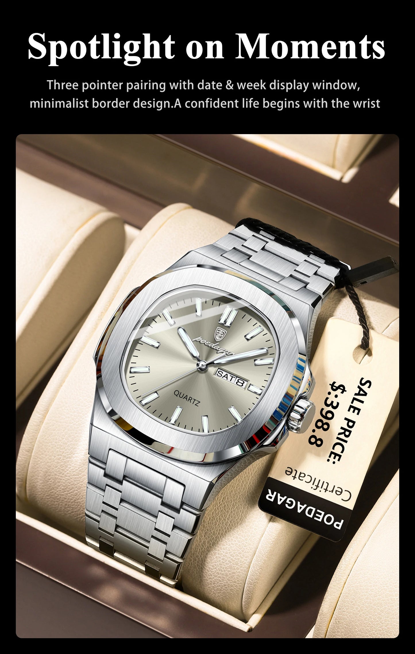 POEDAGAR Luxury Square Waterproof Stainless Steel Quartz Men's Watch