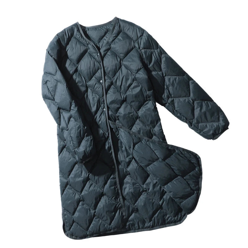 Women Ultralight White Duck Down Long Jacket Argyle V-neck Collar  Winter Outwear