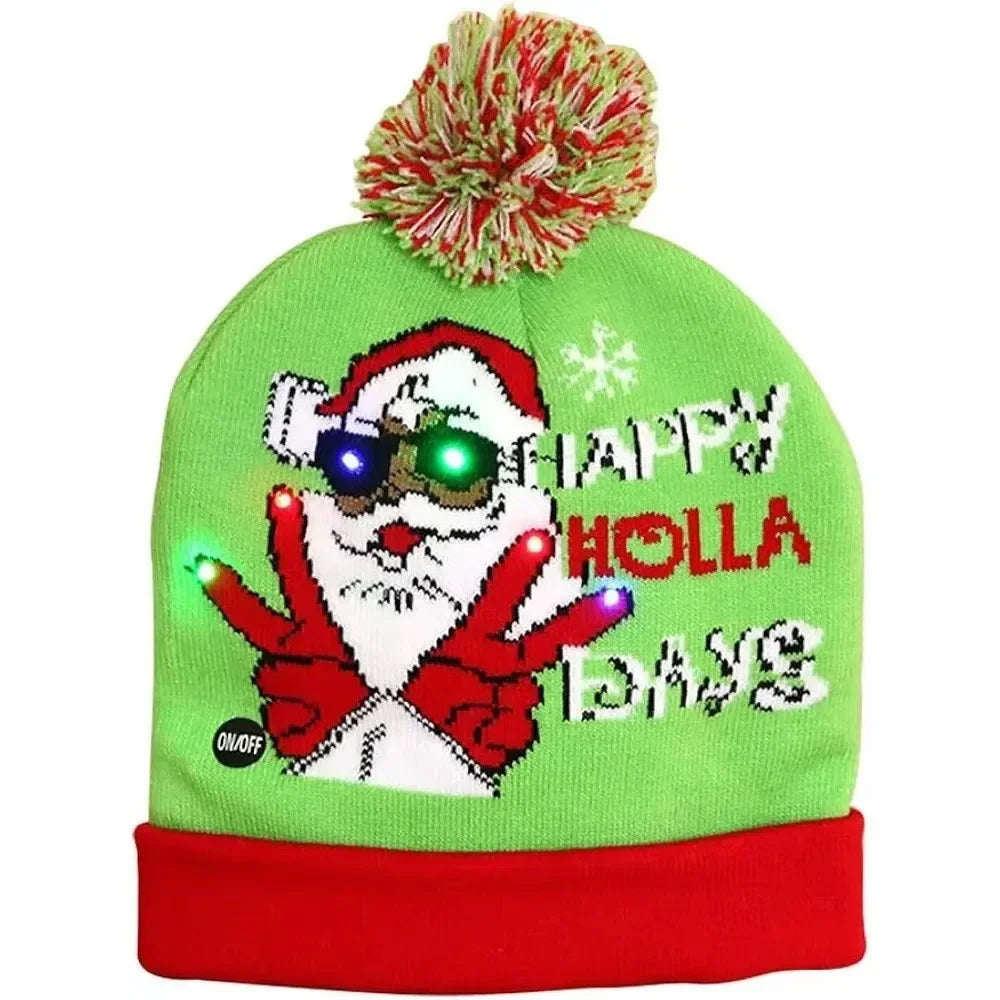 LED Christmas Knitted Hat Light Up Xmas Beanie Cap Unisex Winter Beanie