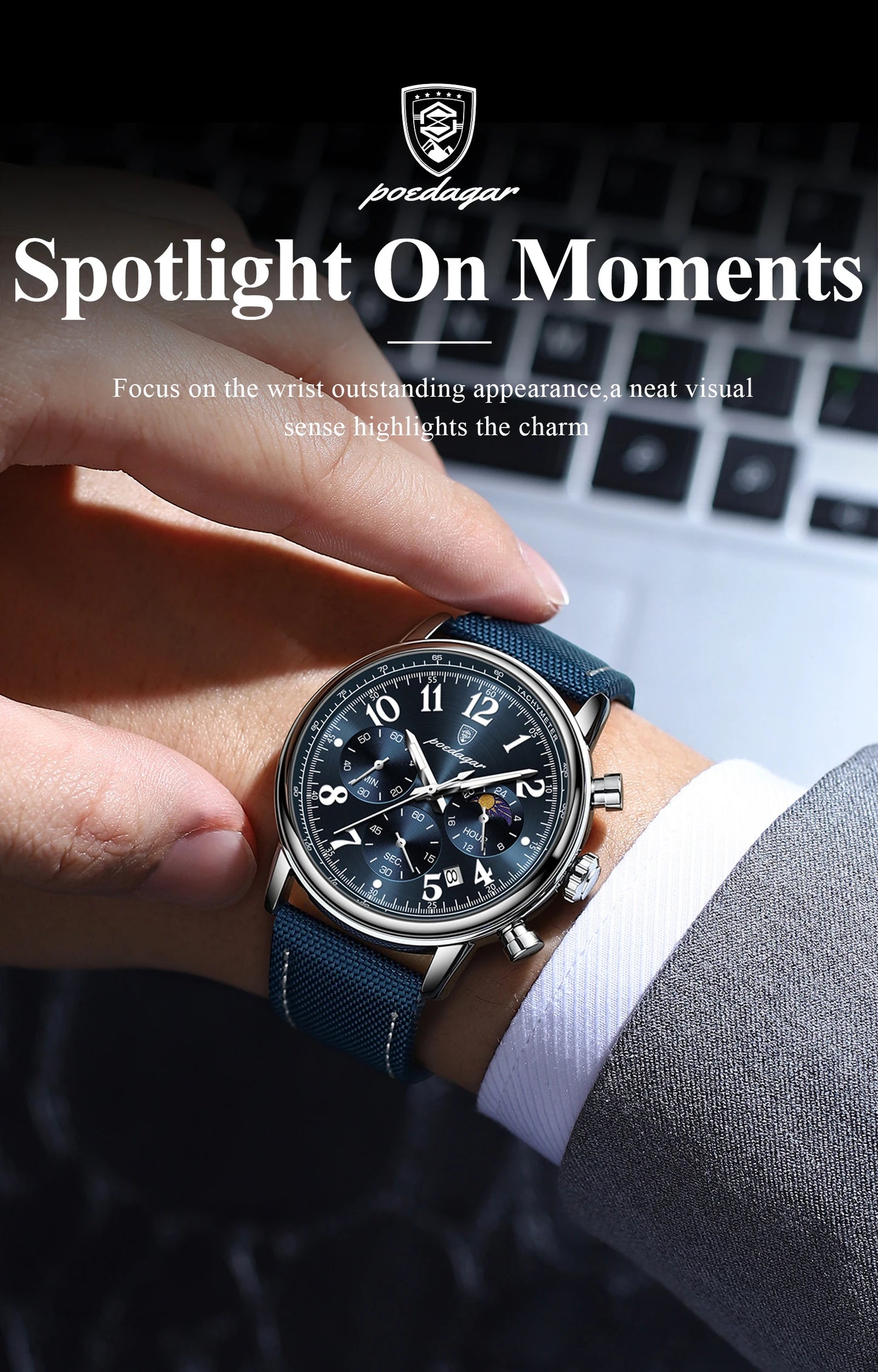 POEDAGAR Luxury  Waterproof Luminous Chronograph Nylon Leather  Wristwatch