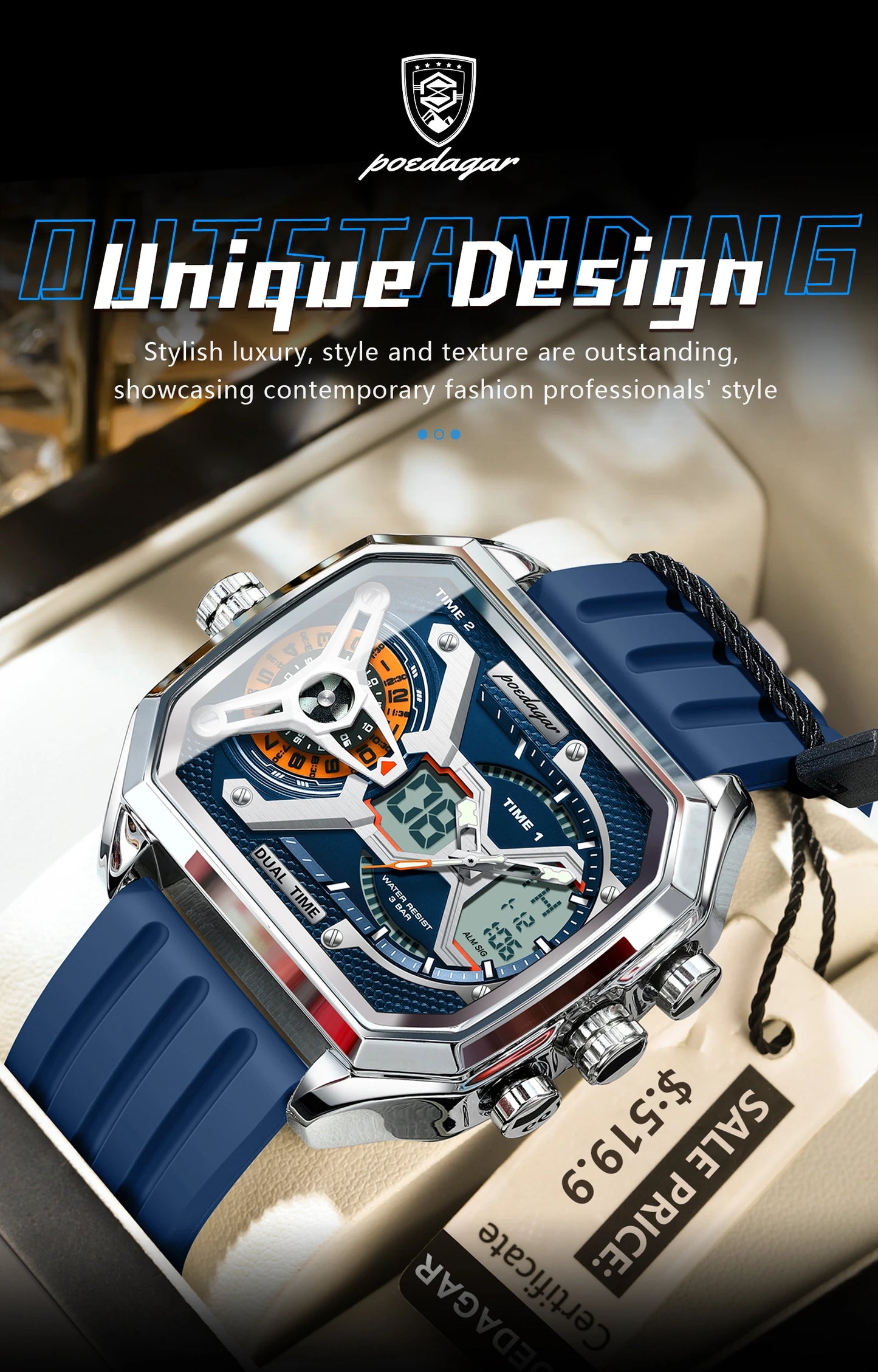 POEDAGAR Top Luxury Men Clock LED Calendar Week Luminous Man Wrist watch