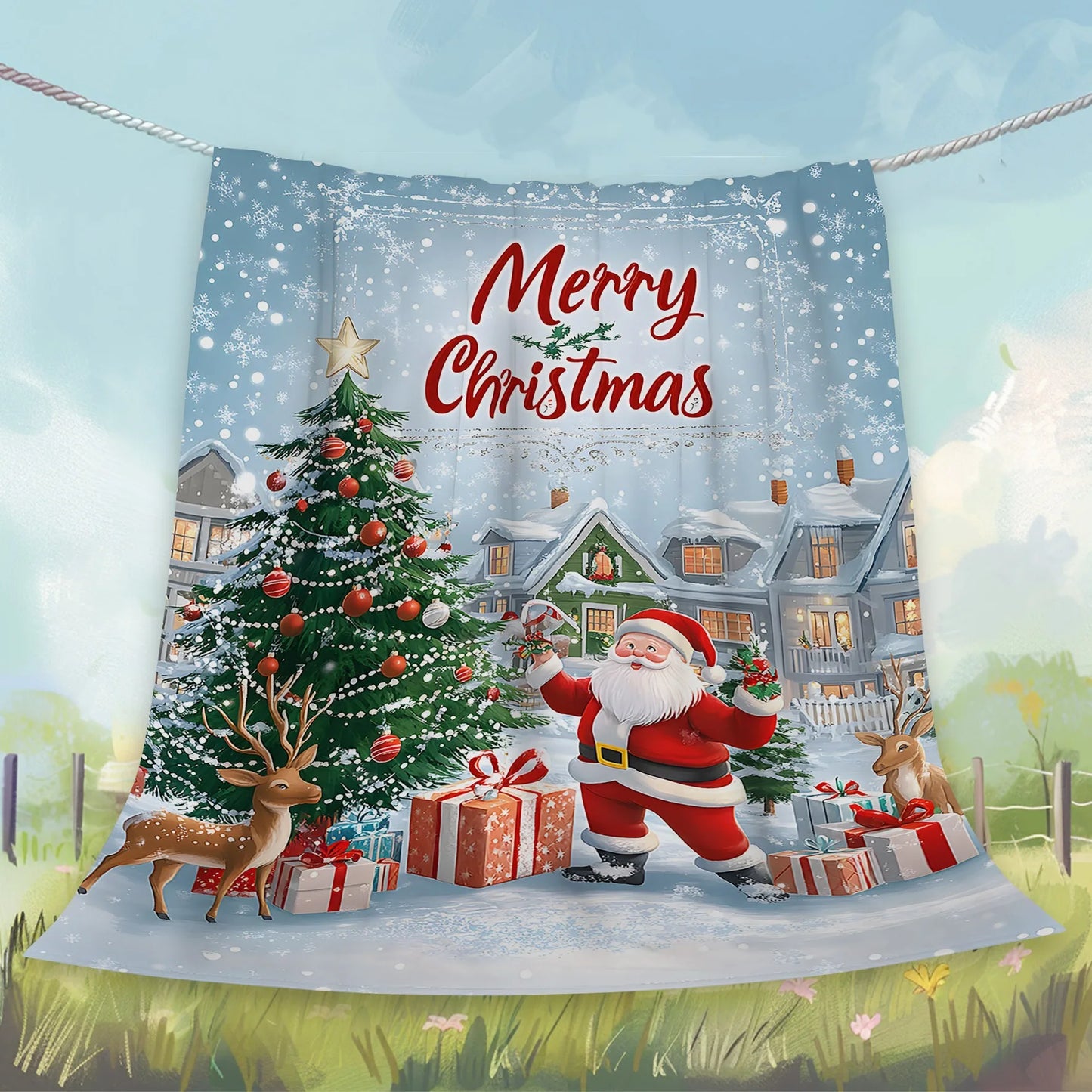 Santa's Festive Winter Wonderland: Christmas Blanket with Tree, Reindeer & Gifts