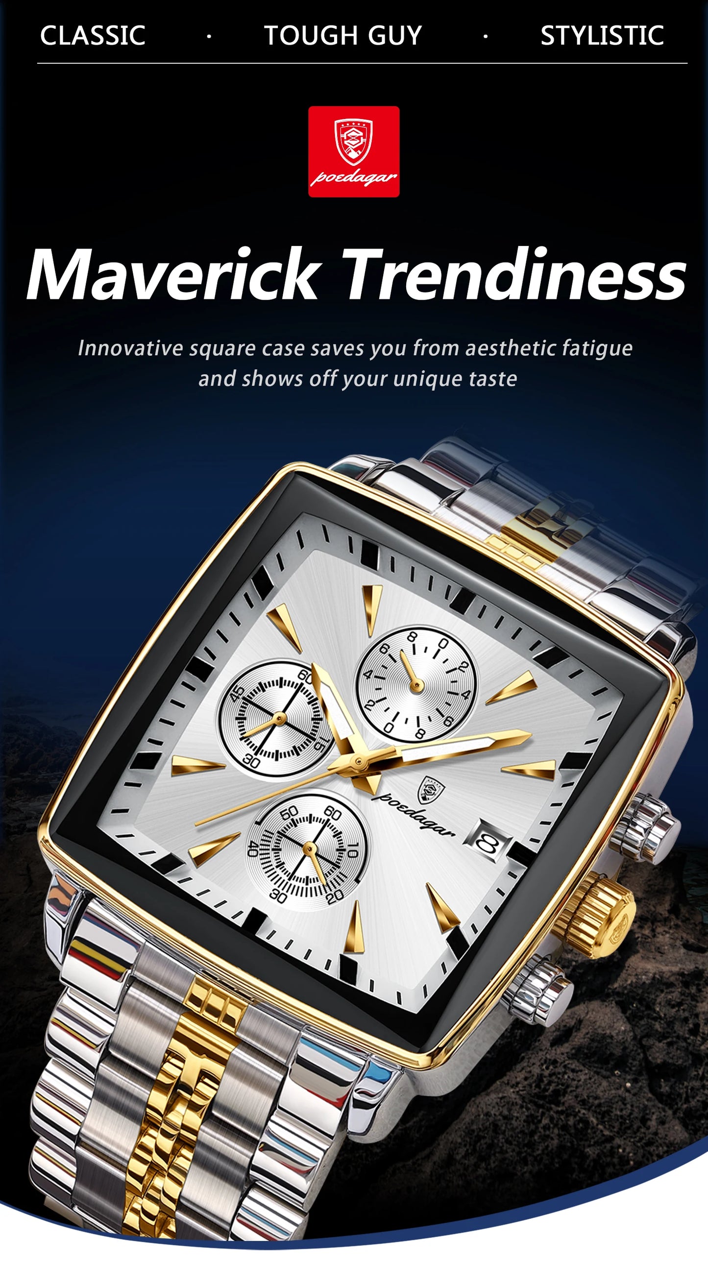 POEDAGAR Luxury Square Sport Man Wristwatch Waterproof Men's Watch