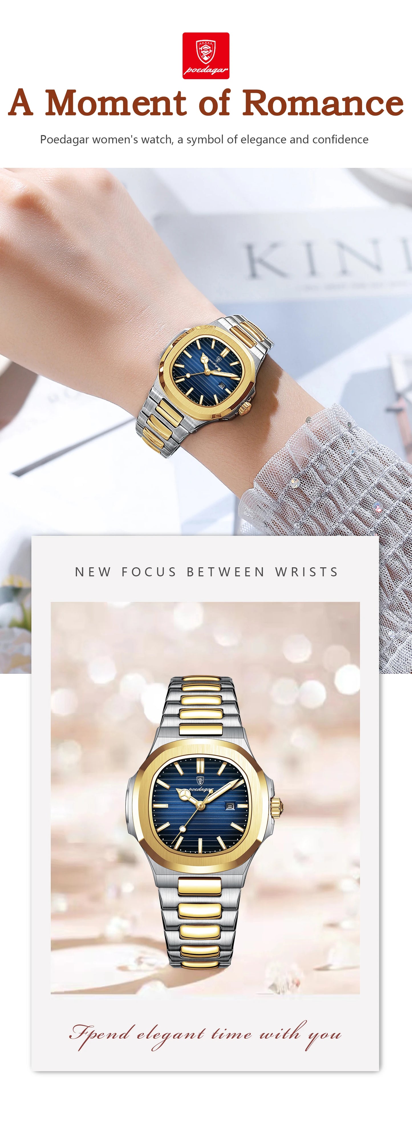 POEDAGAR Luxury Square Watch for Woman Waterproof Luminous Date Ladies Watch