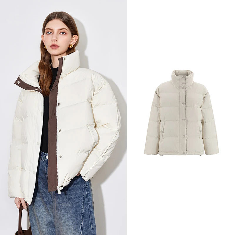 Women Down Jacket  Winter White Duck Down Fur Collar Hooded Warm Jacket