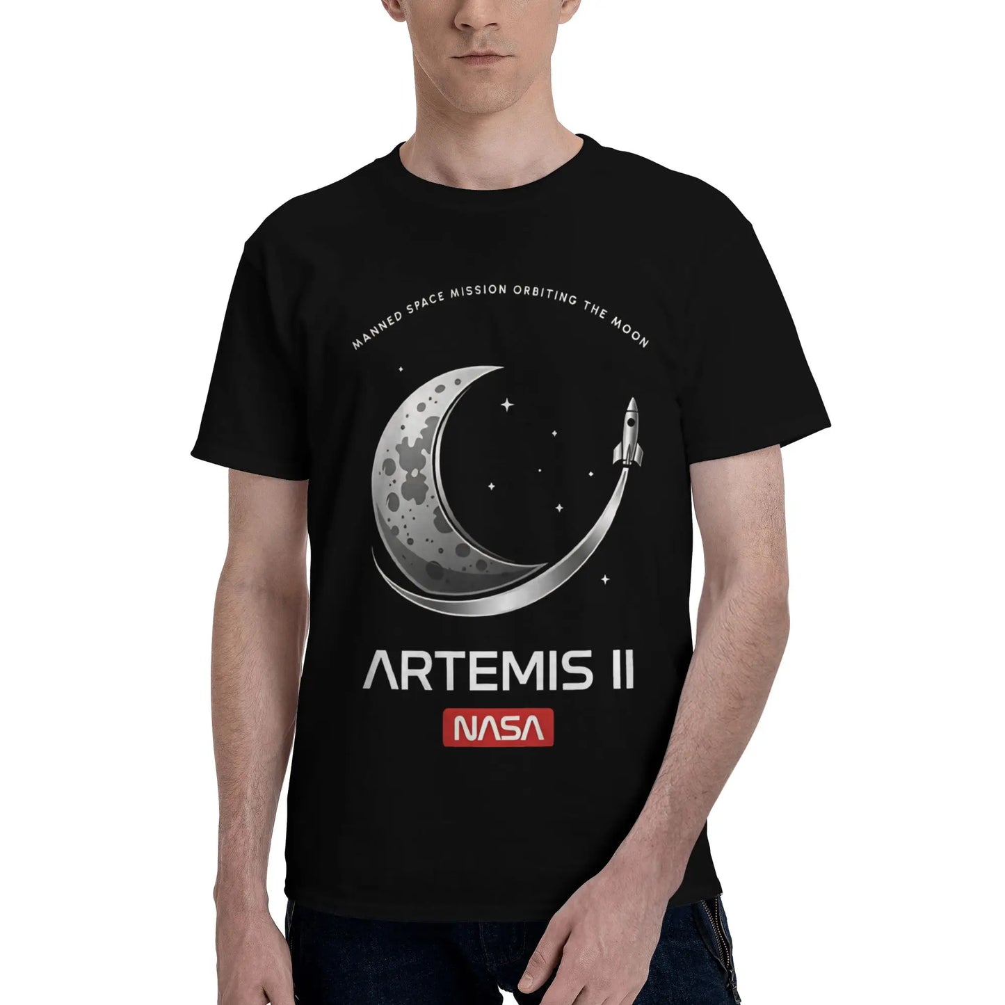 Manned Moon Mission Classic NASA Space Logo Art  Funny Graphic 100% Cotton T-Shirt Artemis II  Tops Tees For Men