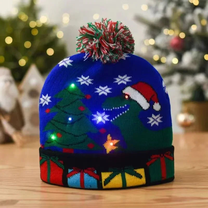 LED Christmas Knitted Hat Light Up Xmas Beanie Cap Unisex Winter Beanie