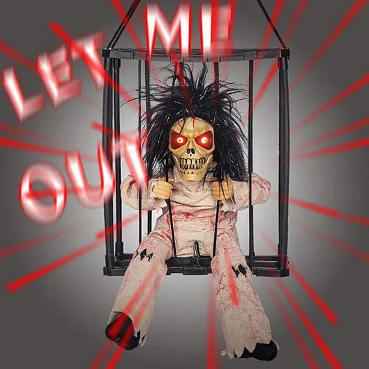 Halloween Hanging Ghost In Cage Prop Statue Voice Control Cage Design Luminous Skull