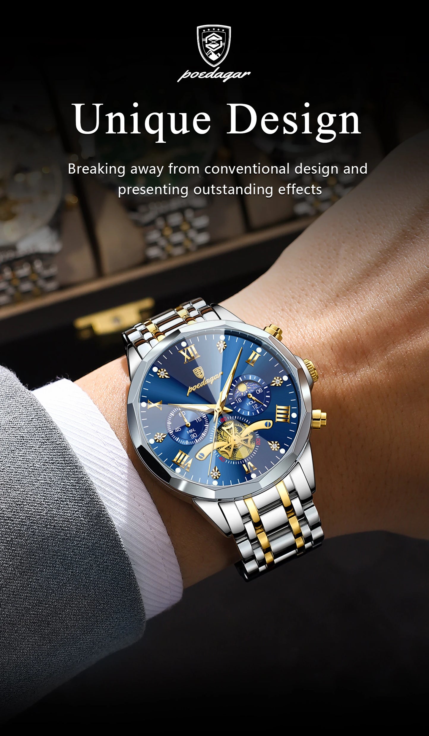 POEDAGAR Luxury Original Waterproof Luminous Chronograph Man Wristwatch