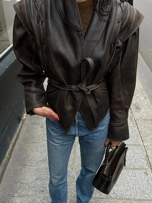 Vintage V-neck Belt Faux Leather Jackets Women Chic Full Sleeve Lace Up