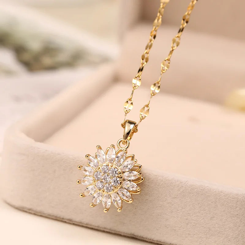Double-layer Rotatable Sunflower Necklaces Chain Choker