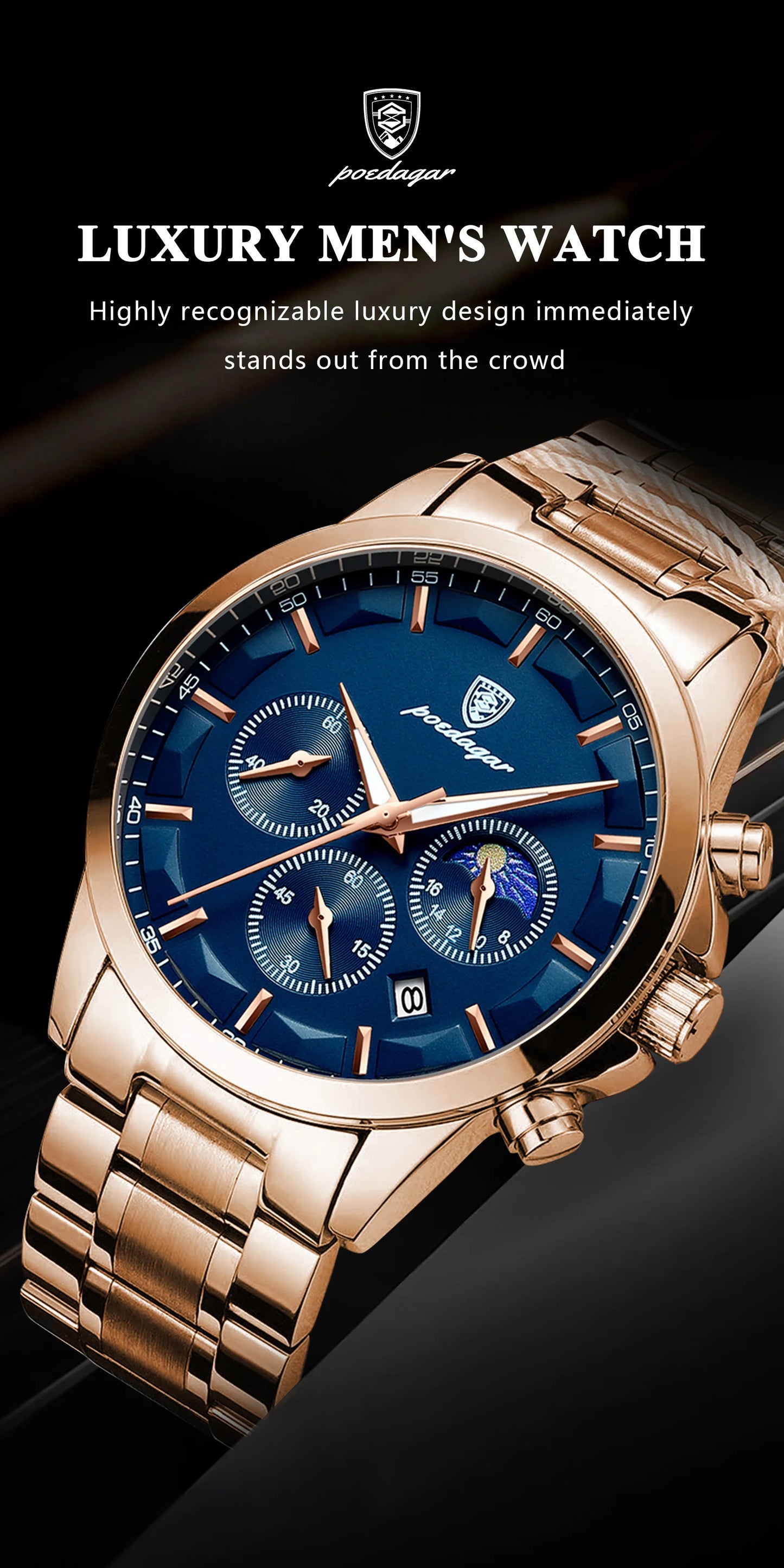 POEDAGAR Luxury  Wristwatch  Waterproof Luminous Chronograph Men Watch