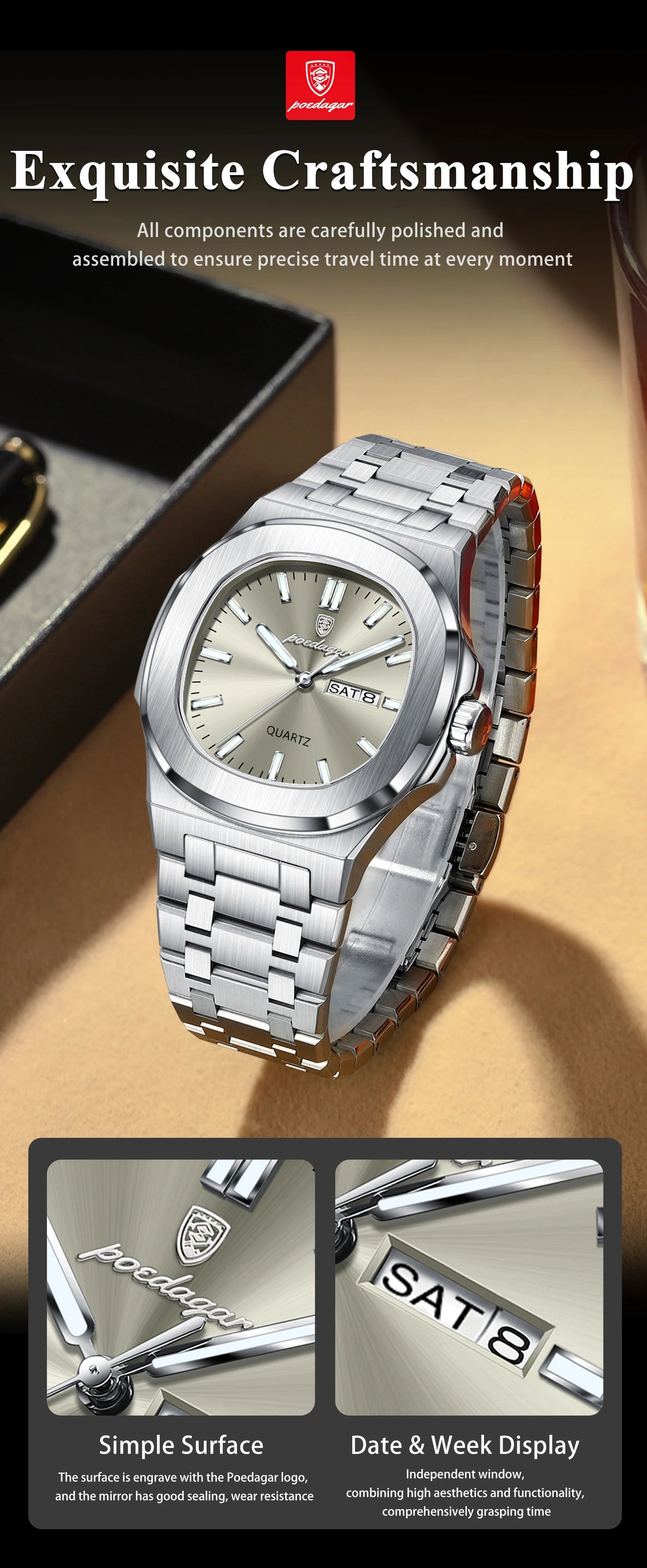 POEDAGAR Luxury Square Waterproof Stainless Steel Quartz Men's Watch