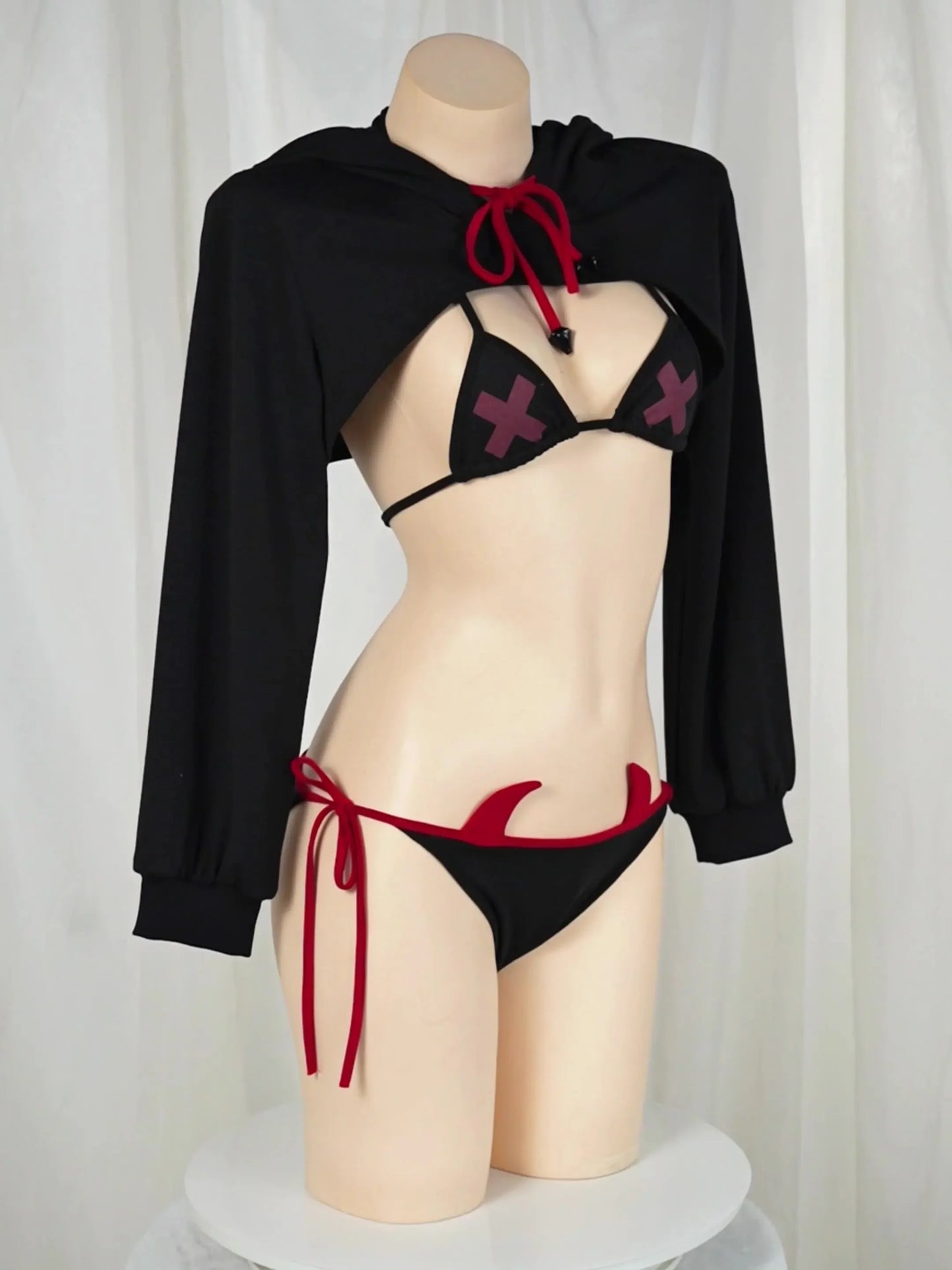 Punk Devil Girls Bikini Set Hoodie Crop Top Long Sleeve Halloween Cosplay Underwear